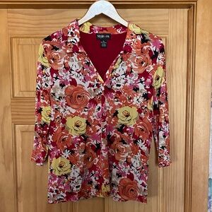 Style & Co. Women's Floral Blouse - Red, Yellow, Black, Orange, Tan XL